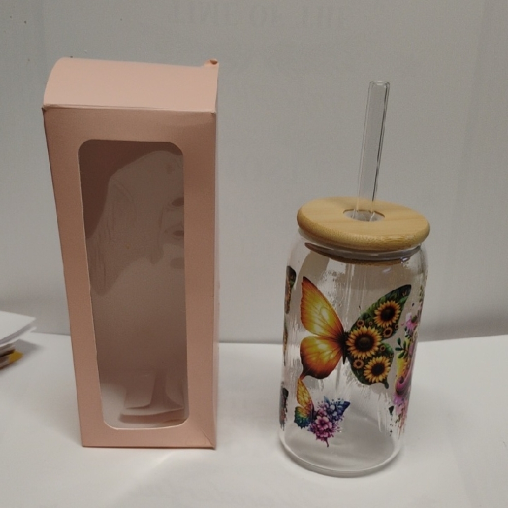 Butterfly Dsigns Floral Butterfly Glass Jar with Straw - Pink, Yellow, Green